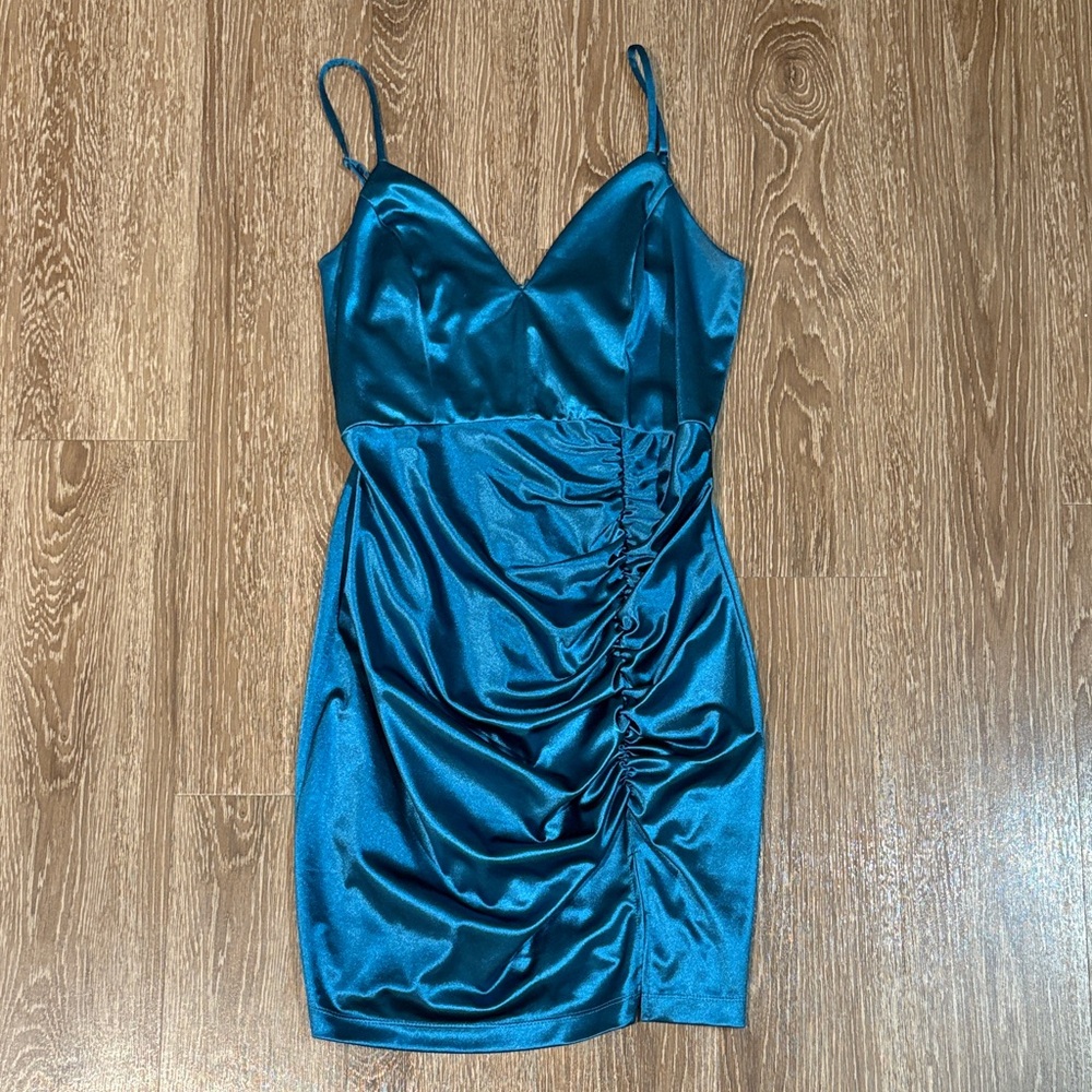 Honey and Rosie Teal Satin Mini Dress